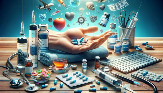 A hand holding pills with various medical equipment, syringes, bottles, and a stethoscope on a wooden table. Floating symbols above include a globe, heart, and airplane.