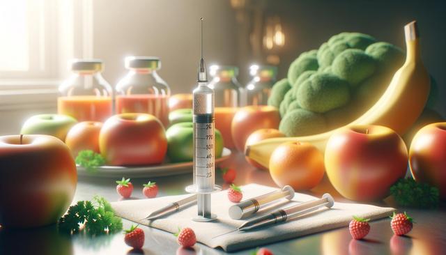 A syringe lies among fresh fruits like apples, bananas, broccoli, and small juice bottles, with a softly lit background.