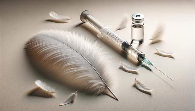 A syringe and vial surrounded by white feathers on a beige surface.