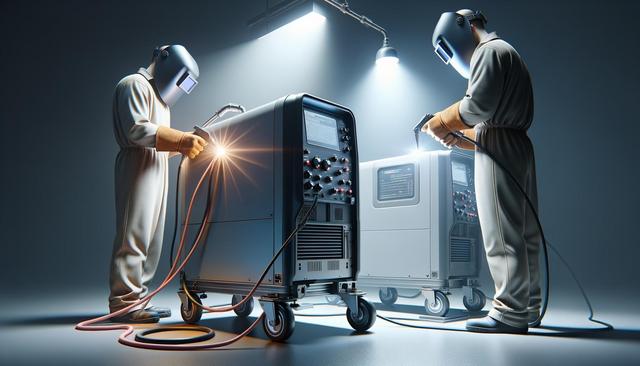 Two people in protective gear are welding with large machines, surrounded by bright lights in an industrial setting.