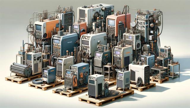 A complex cluster of vintage electronic machinery with dials, screens, and pipes on wooden pallets.
