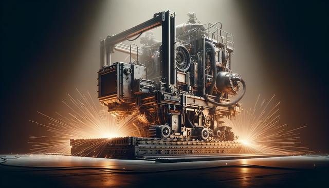 A large, complex mechanical structure with gears and cables, surrounded by bright, sparking lights on a dimly lit stage.