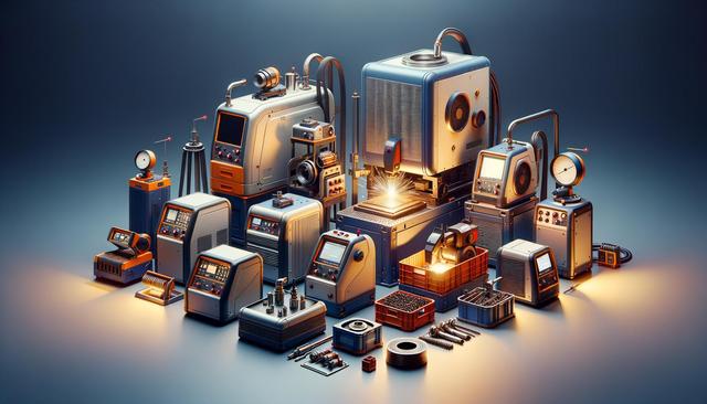 A variety of intricate, retro-styled machines and components, glowing with warm lights, arranged in a cluster.