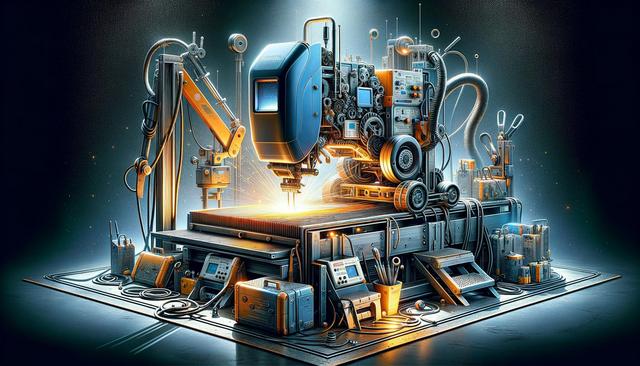 Futuristic robotic machine with gears, screens, and tools, emitting sparks on a metallic platform.