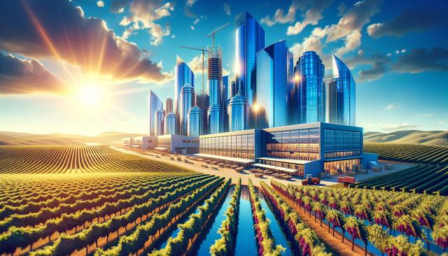 Sunset over modern skyscrapers surrounded by vineyards and fields.
