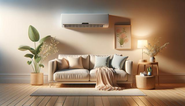 A cozy living room with a sofa, pillows, a blanket, plants, a lamp, and a wall-mounted air conditioner.