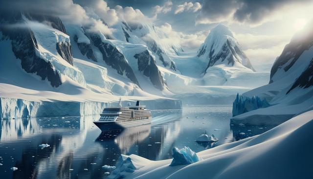 A cruise ship sails through icy waters, surrounded by towering snow-covered mountains and glaciers under a cloudy sky.
