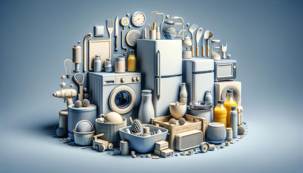 A collection of household appliances and kitchen tools like a washing machine, refrigerator, microwave, and utensils on a blue background.