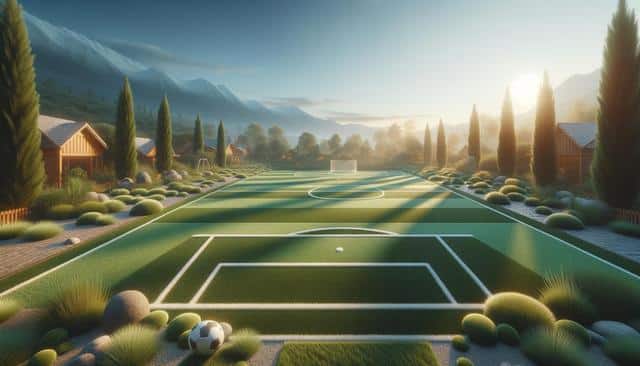 A picturesque soccer field at sunset, surrounded by trees and quaint wooden cabins, with mountains in the background.
