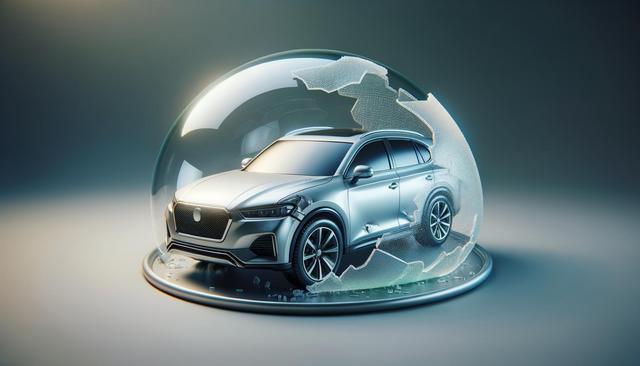 A silver SUV inside a shattered glass dome.