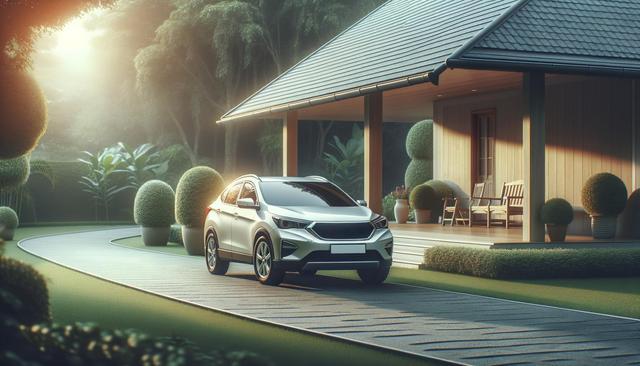 A silver SUV parked on a curved driveway beside a wooden house with a porch and greenery, bathed in soft sunlight.