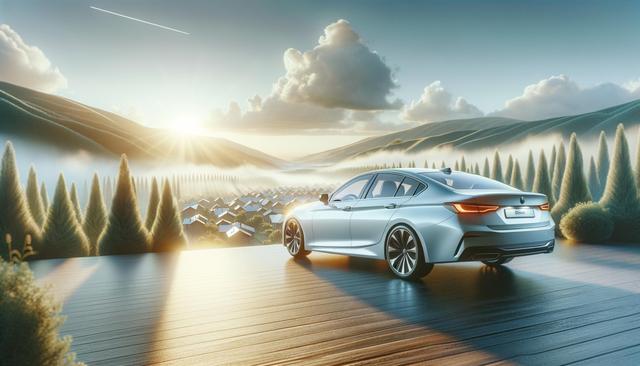 Silver car on a wooden deck overlooking a foggy valley with trees, hills, and a sunrise.