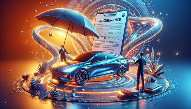 A futuristic car under an umbrella, surrounded by abstract swirls, plants, and a large insurance document.