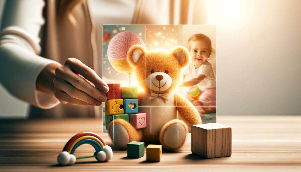 A hand builds a block tower next to a teddy bear and a photo of a smiling child.