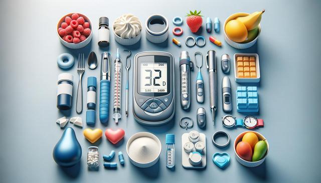 A neatly arranged collection of diabetes-related items, including a glucose meter, insulin pens, syringes, fruits, pills, and medical tools on a light blue background.
