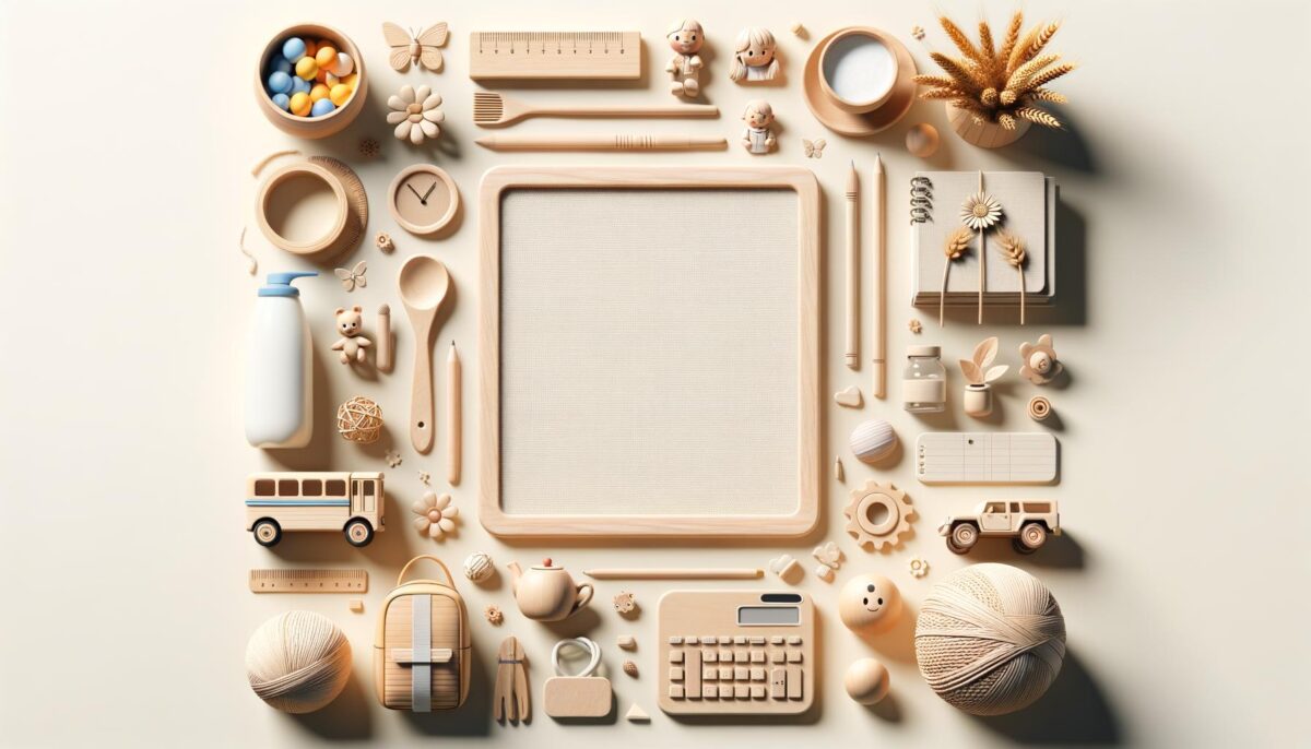Various beige and wooden objects like toys, stationery, and decor items arranged symmetrically around a blank board.