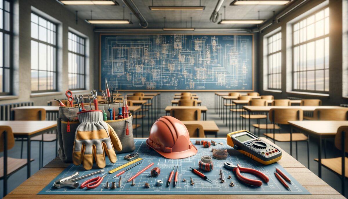 Classroom with desks, tools, a hard hat, and a blueprint; background has a large technical diagram.