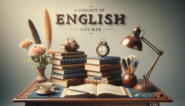 A desk with stacked books, an open book, vintage clock, desk lamp, flowers, and writing tools under the text "A Concept of English Course."