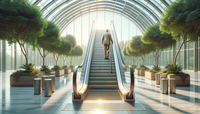 A person with a cane ascends an escalator in a sunlit atrium filled with lush plants.