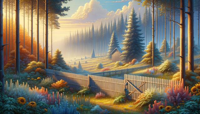 Sunlit forest with tall trees, colorful flowers, a wooden fence, and a small cabin.