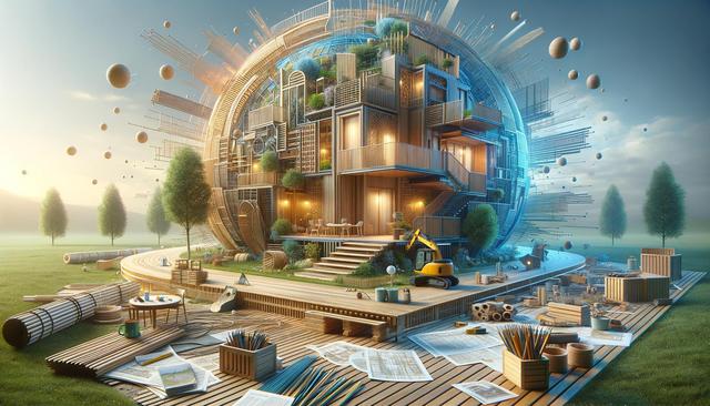 Abstract scene of a futuristic spherical structure under construction, surrounded by trees and scattered building materials.