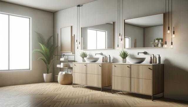 Modern bathroom with large mirrors, wooden cabinets, pendant lights, a potted plant, and open shelving.