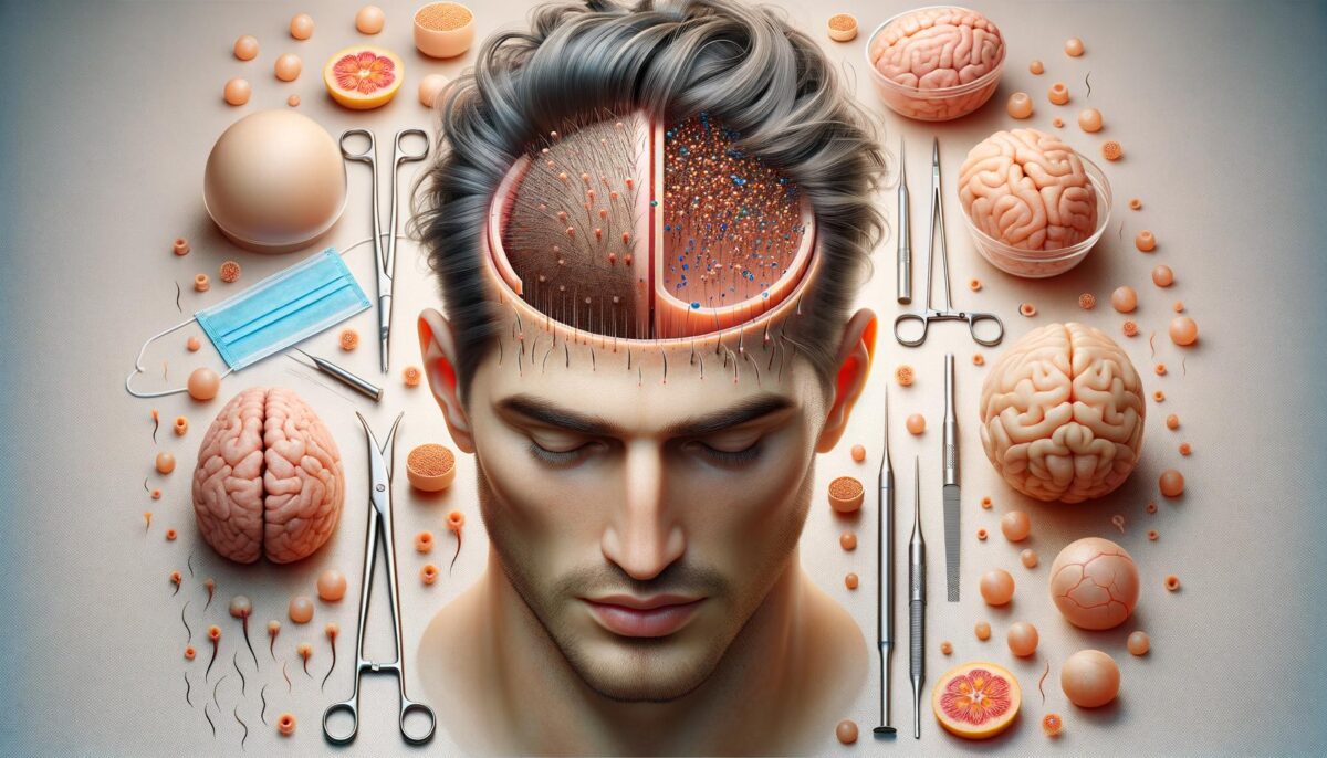 A surreal image of a man's head with a partially open brain, surrounded by brains, surgical tools, a mask, and orange slices.