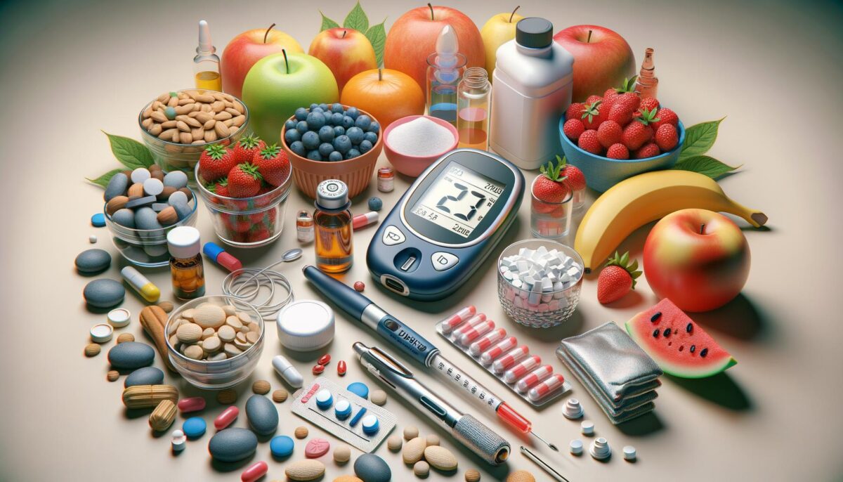 Assortment of fruits, nuts, pills, glucose monitor, syringes, and medical bottles on a table.