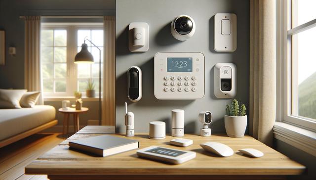 Smart home devices on a wall and table in a bright bedroom.