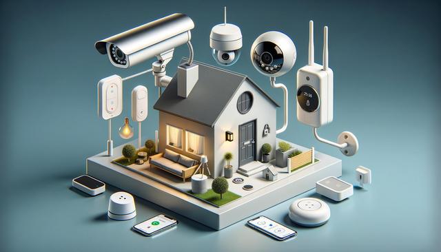 A miniature smart home model with various security and smart devices, including cameras and sensors, surrounding it.