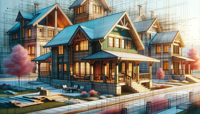 A stylized illustration of cozy wooden houses with wireframe outlines, surrounded by pink trees and a neatly arranged yard.