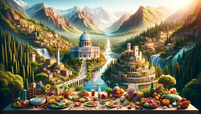A picturesque landscape with a table overflowing with diverse foods, set against a backdrop of mountains, rivers, gardens, and classical architecture.