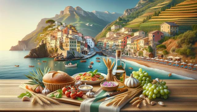 A Mediterranean coastal village with colorful houses, terraced hills, and small boats in the sea. In the foreground, there's a wooden table with bread, pasta, grapes, garlic, and olive oil.
