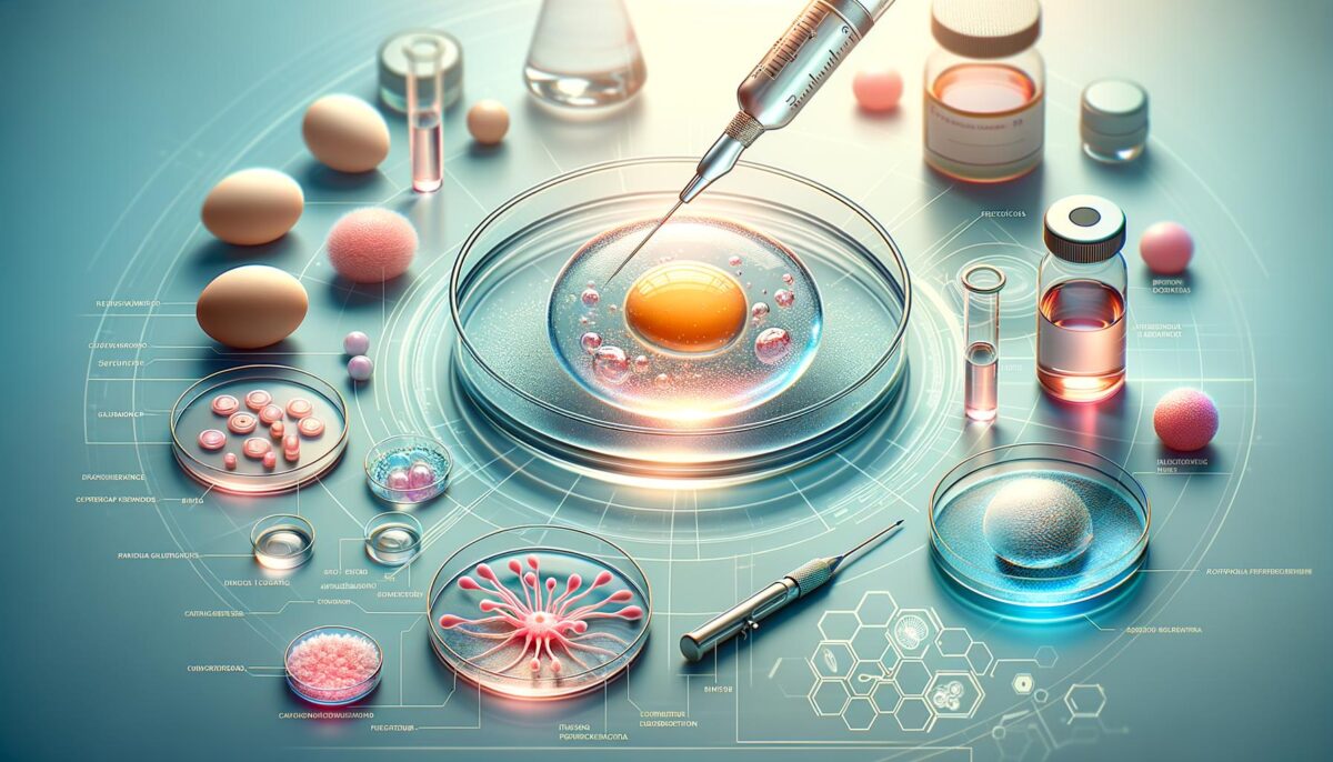 A futuristic laboratory setup with Petri dishes, eggs, and vials, featuring a syringe injecting a large cell in a Petri dish, surrounded by scientific diagrams.