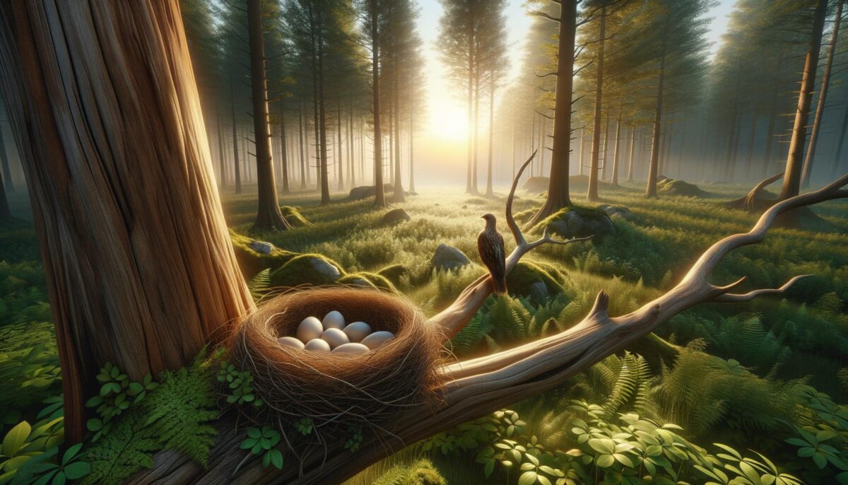 Bird nest with eggs on a tree branch in a sunlit forest.
