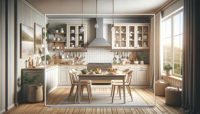 A bright, modern kitchen with wooden cabinets, a dining table, and large windows letting in natural light.