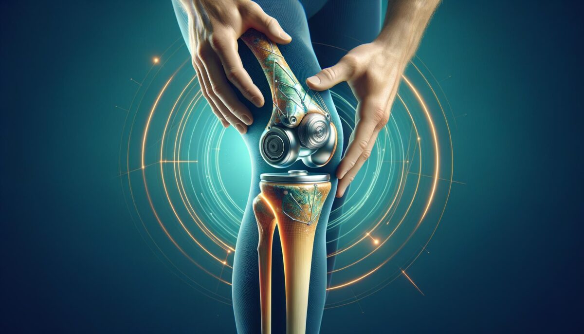 A person examining a high-tech, futuristic knee joint with glowing circular patterns in the background.