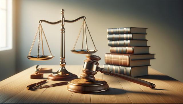 A wooden gavel and scales of justice on a table, with stacks of legal books in the background.