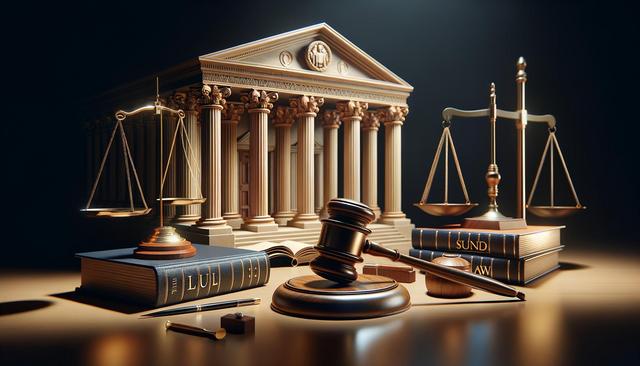 A gavel, law books, scales of justice, and a courthouse in balanced lighting.