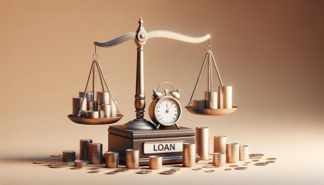 A balance scale with stacks of coins, an antique clock, and the word "Loan."