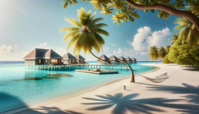 Tropical beach scene with overwater bungalows, palm trees, blue ocean, and hammock.