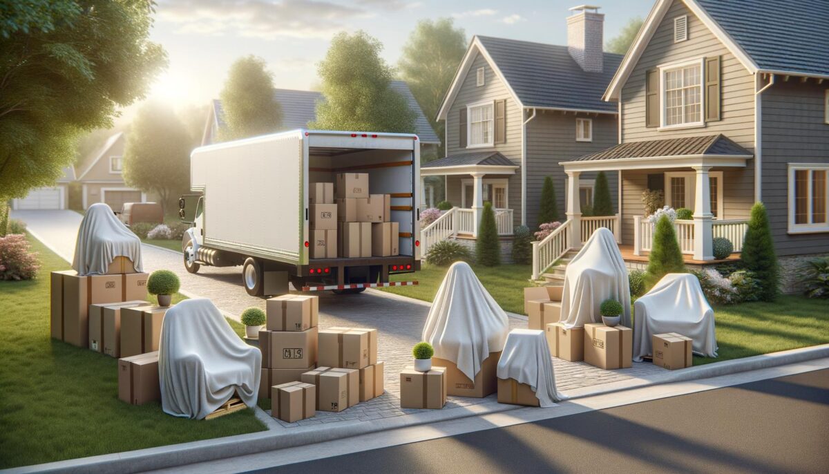 Moving truck with open back surrounded by covered furniture and boxes in suburban driveway.