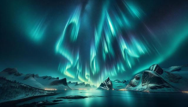 Dazzling northern lights over snowy mountains and calm water at night.