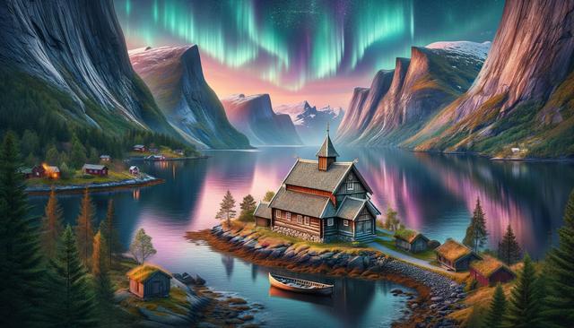 A serene fjord scene with a wooden cabin by the water, surrounded by tall cliffs under a vibrant aurora borealis.