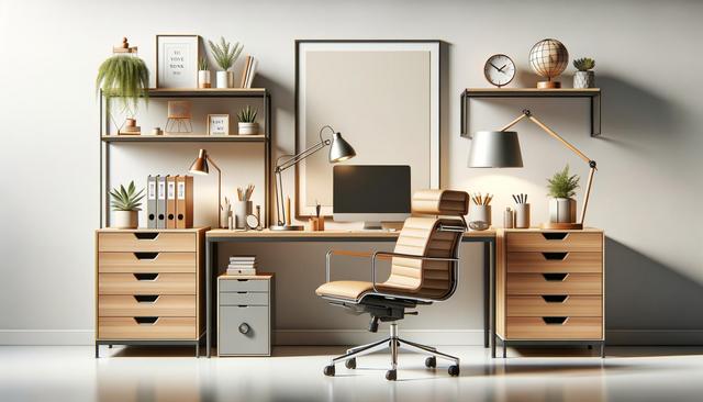 Minimalist home office with a wooden desk, computer, leather chair, plants, shelves, and warm lighting.