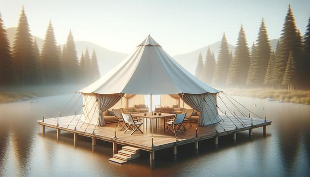 Large tent on a wooden platform floating on a misty lake, surrounded by pine trees.