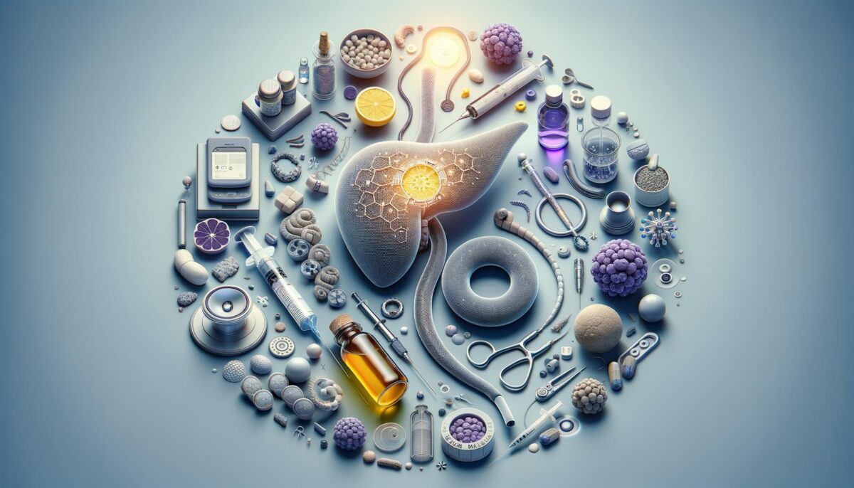 Illustration of a liver surrounded by medical tools, pills, syringes, and molecules on a blue background.