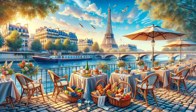 Bistro tables by a river with food baskets and drinks, overlooking the Eiffel Tower at sunset.
