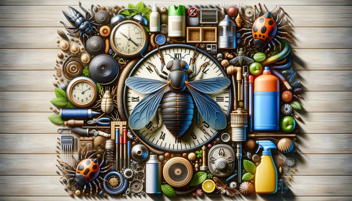 Intricate collage of clocks, insects, tools, and leaves surrounding a large central clock with a detailed metallic fly.