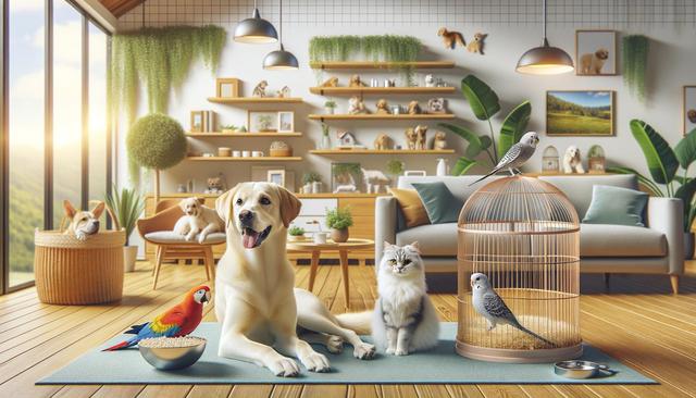 A cozy living room with a dog, cat, parrot, and two budgies. Bright natural light, green plants, and pet-themed decor create a serene atmosphere.